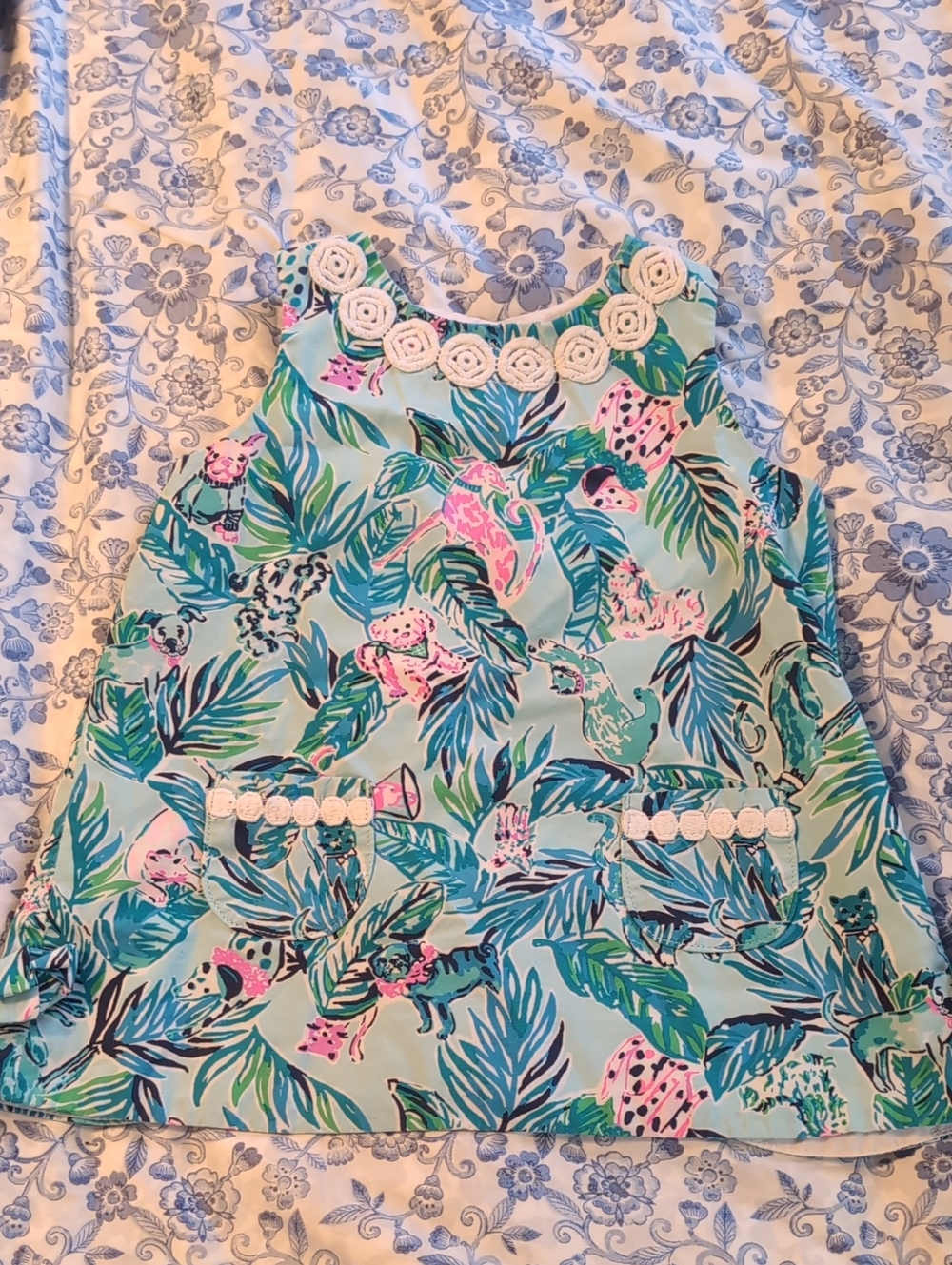 Lilly Pulitzer Aqua Tropical Floral Dog Tank Dress with Pink & Green Accents